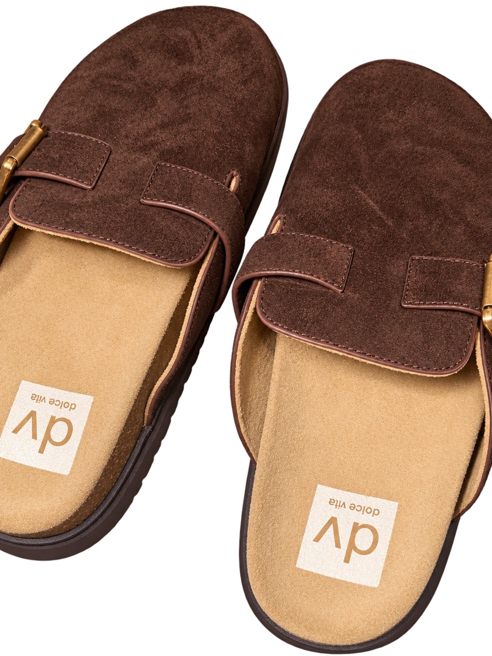 DV by Dolce Vita Womens Brown Suede Slide Loafers with Gold Accent